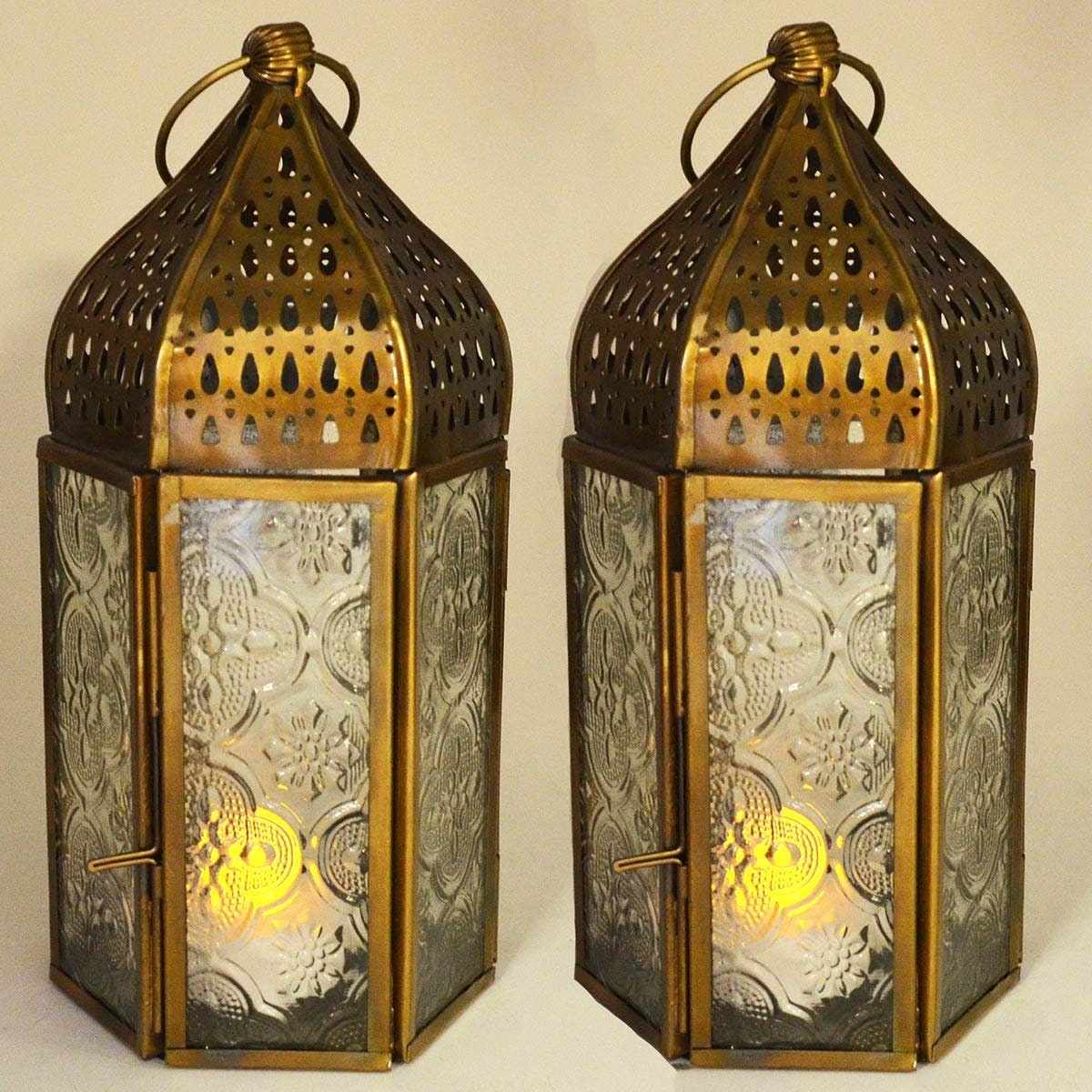 Set of Two Moroccan Style Lanterns Brass Antique Glass Tea Light Candle Holders Home Decoration