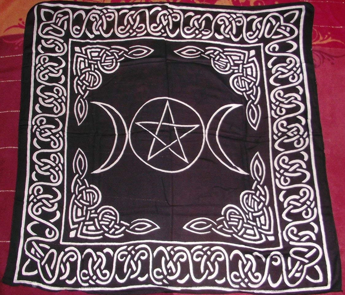 Enchanted Wiccan Altar Cloth with Triple Goddess Pentagram | Black and White Pagan Ritual Tarot Mat | Spiritual Wall Tapestry-Osiris Craftworks