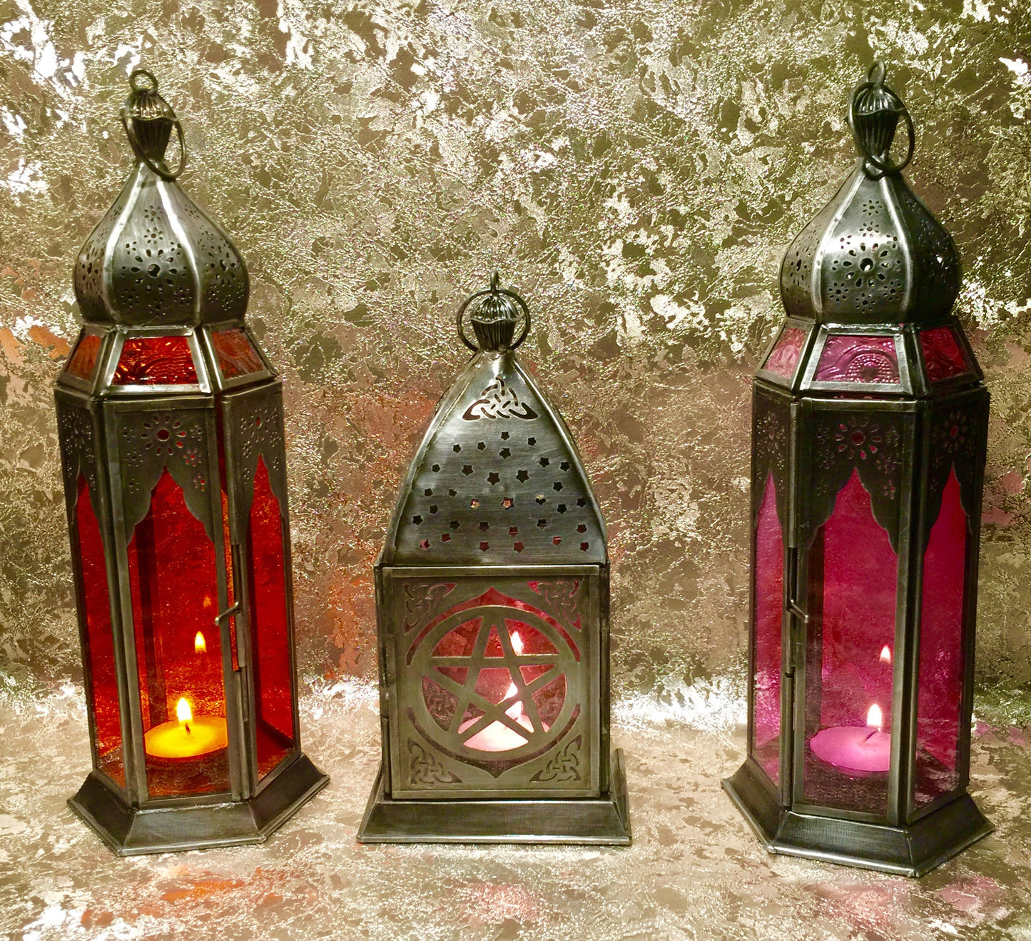 Rustic Moroccan Lantern for Patio and Home Decor with Antique Yellow Glass Tea Light Candle Holder