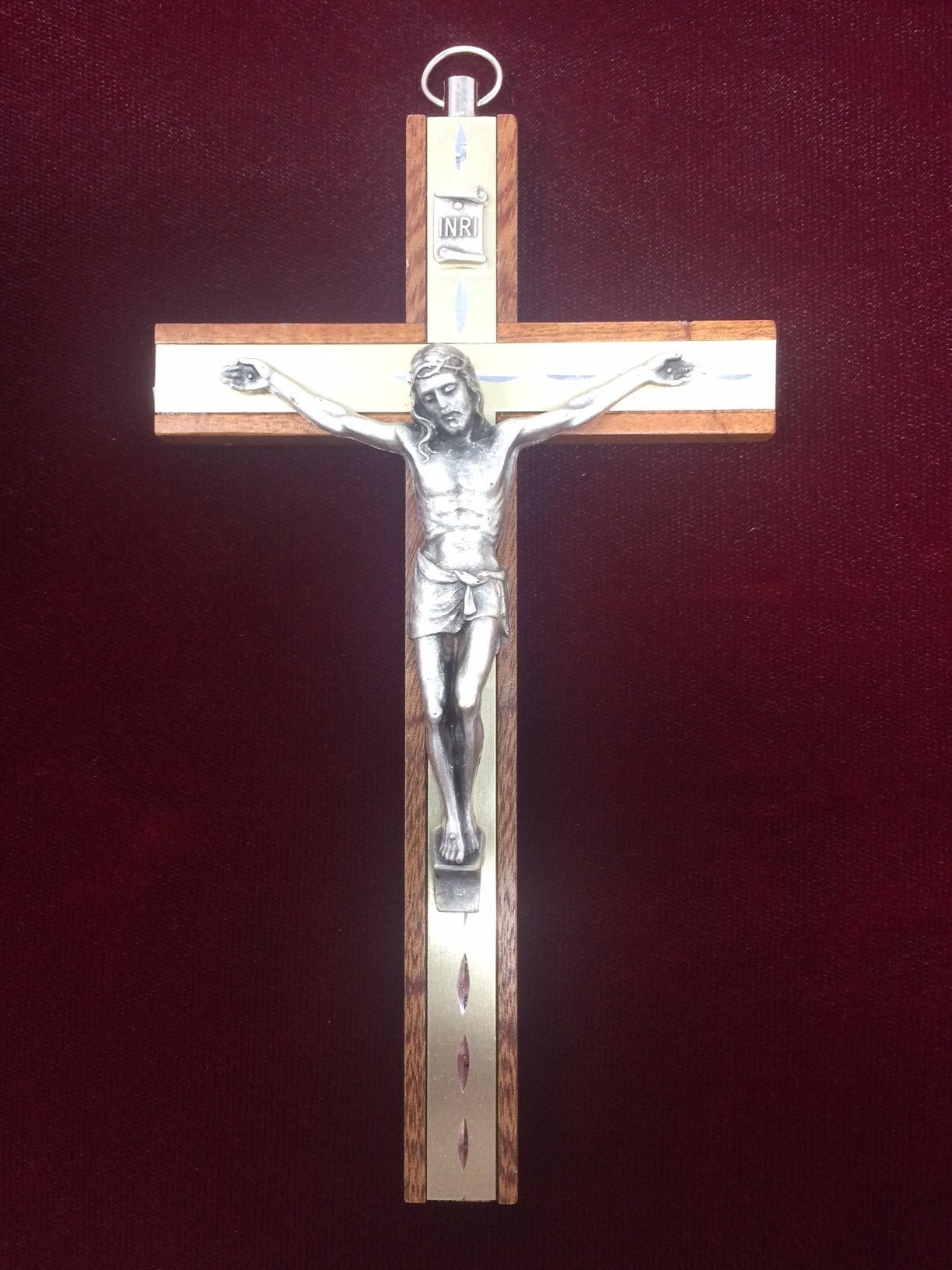 Mahogany Wooden Crucifix with Brass Inlaid Strips Hanging Cross Metal Corpus Christi Jesus Christ Religious Wall Ornament-Osiris Craftworks