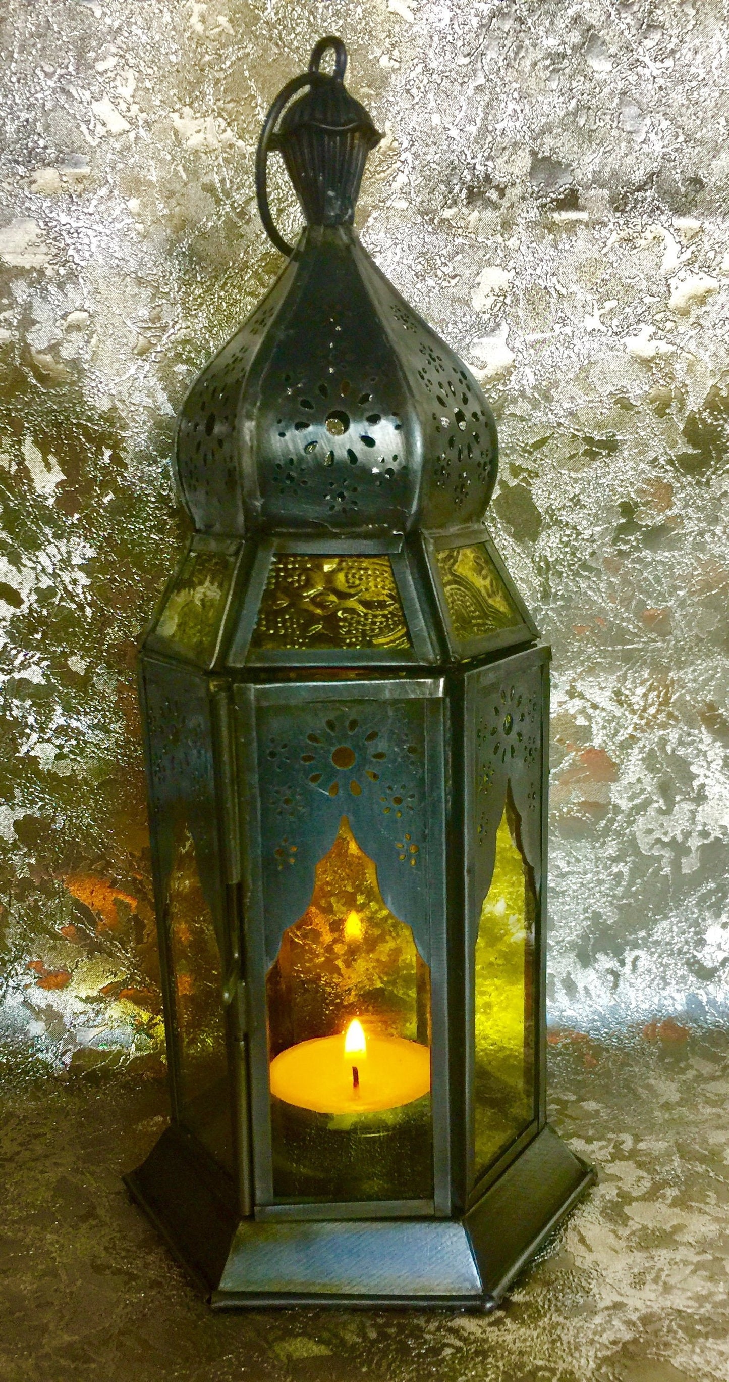 Rustic Moroccan Lantern for Patio and Home Decor with Antique Yellow Glass Tea Light Candle Holder