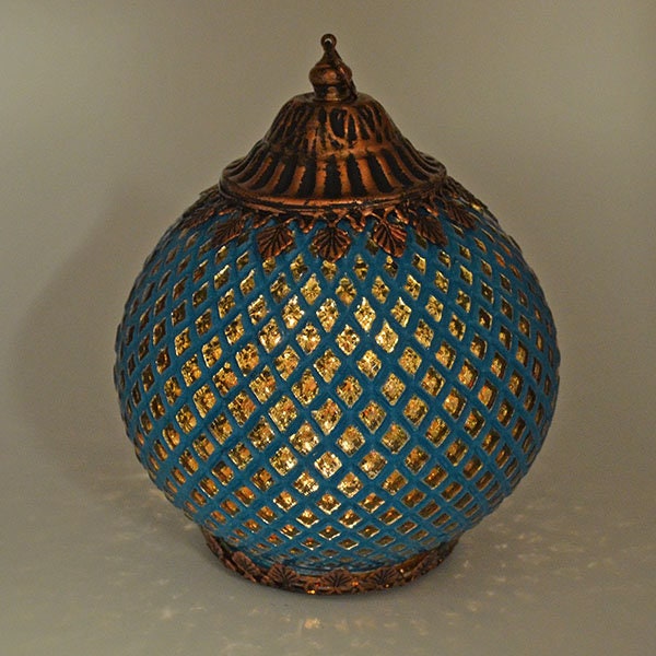 Moroccan Style LED Lantern Blue Pattern with Bronze Finish Lights up Home Decor H18