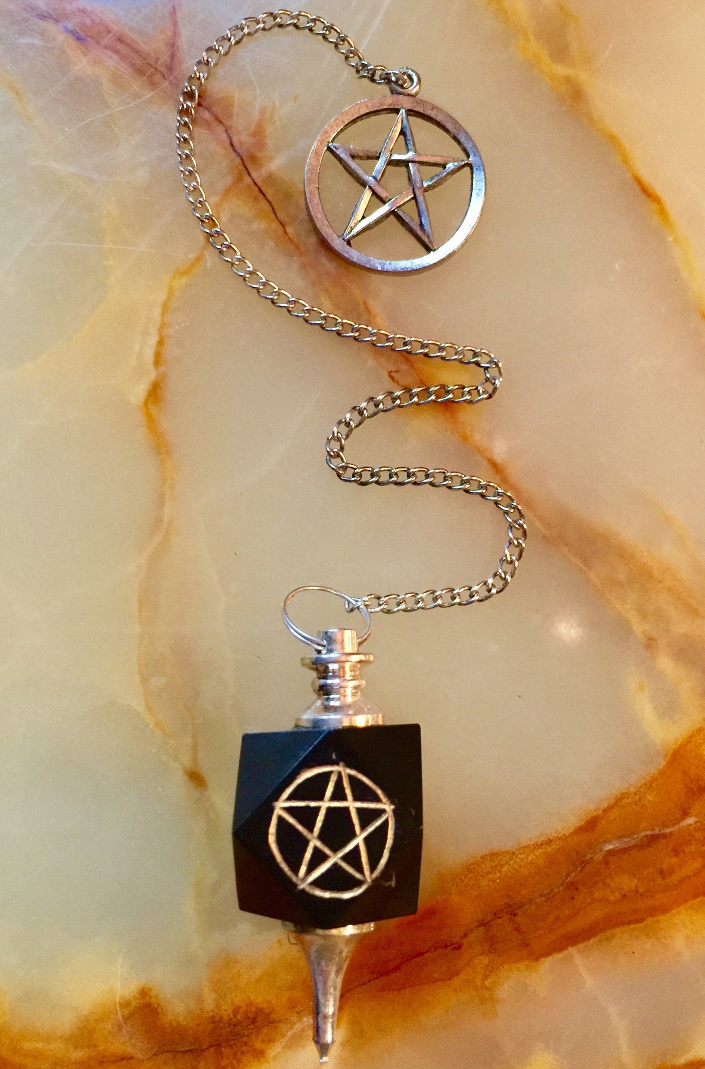 Elegant Pentagram Pendulum Necklace - Black Gemstone Pendant, 21.5-23.5cm Length, Unique Spiritual Amulet, Supplied in Velvet/Organza Pouch