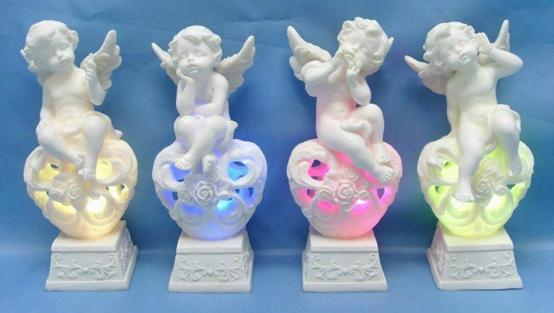 Set of Four Guardian Angel Figurine LED Cherubs Resting on Heart Sculpture Gift-Osiris Craftworks