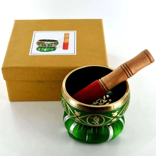 Tree of Life Tibetan Singing Bowl, Metal Meditation Bowl, Mindfulness Healing Sound Instrument, Spiritual Home Decor, Green Singing Bowl Set-Osiris Craftworks