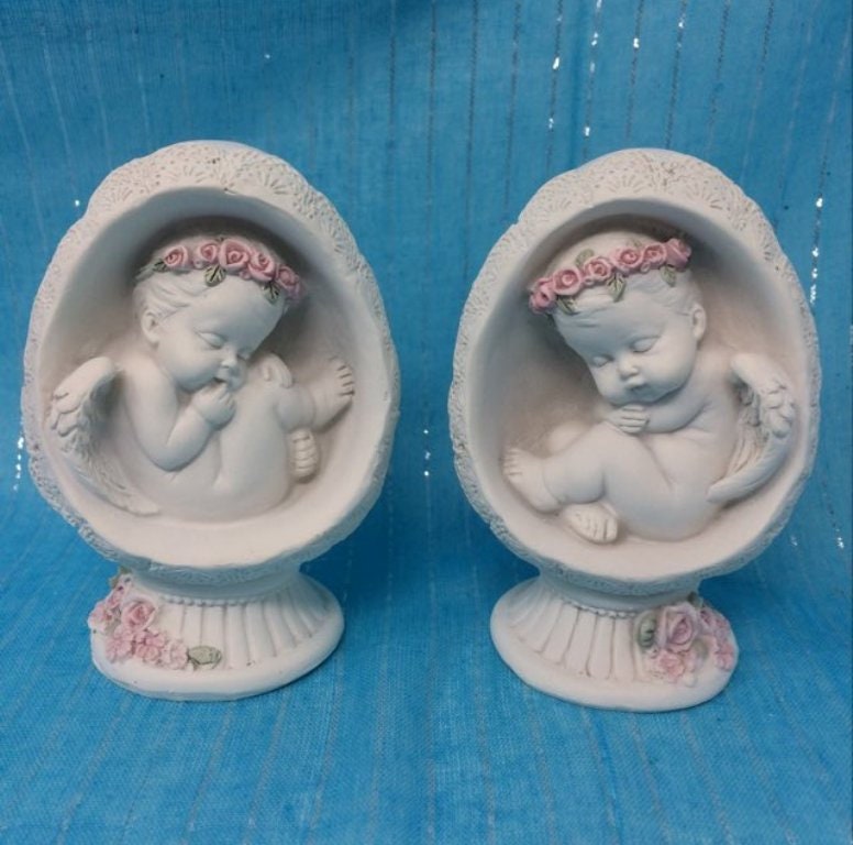 Sleeping Cherub Figurines, Pair of Resin Angel Statuettes, Decorative Angelic Babies with Floral Crowns, Peaceful Nursery Decor-Osiris Craftworks