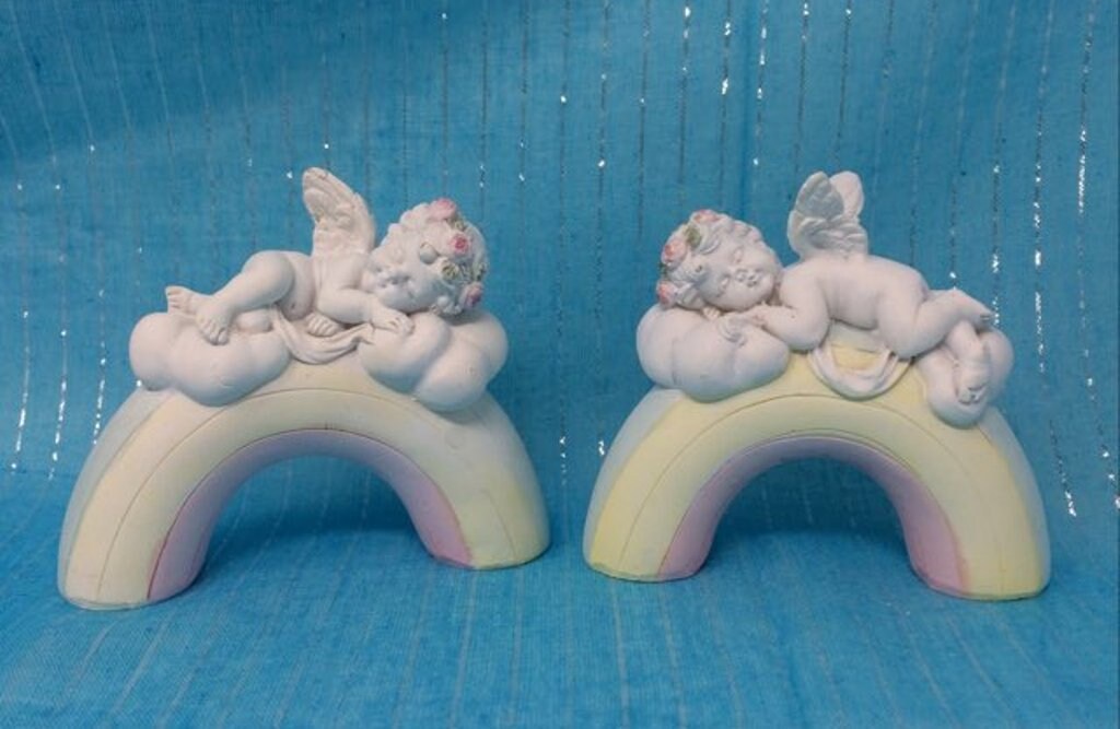 Pair of Guardian Angel Figurine Cherub on Rainbow Statue Ornament Sculpture-Osiris Craftworks