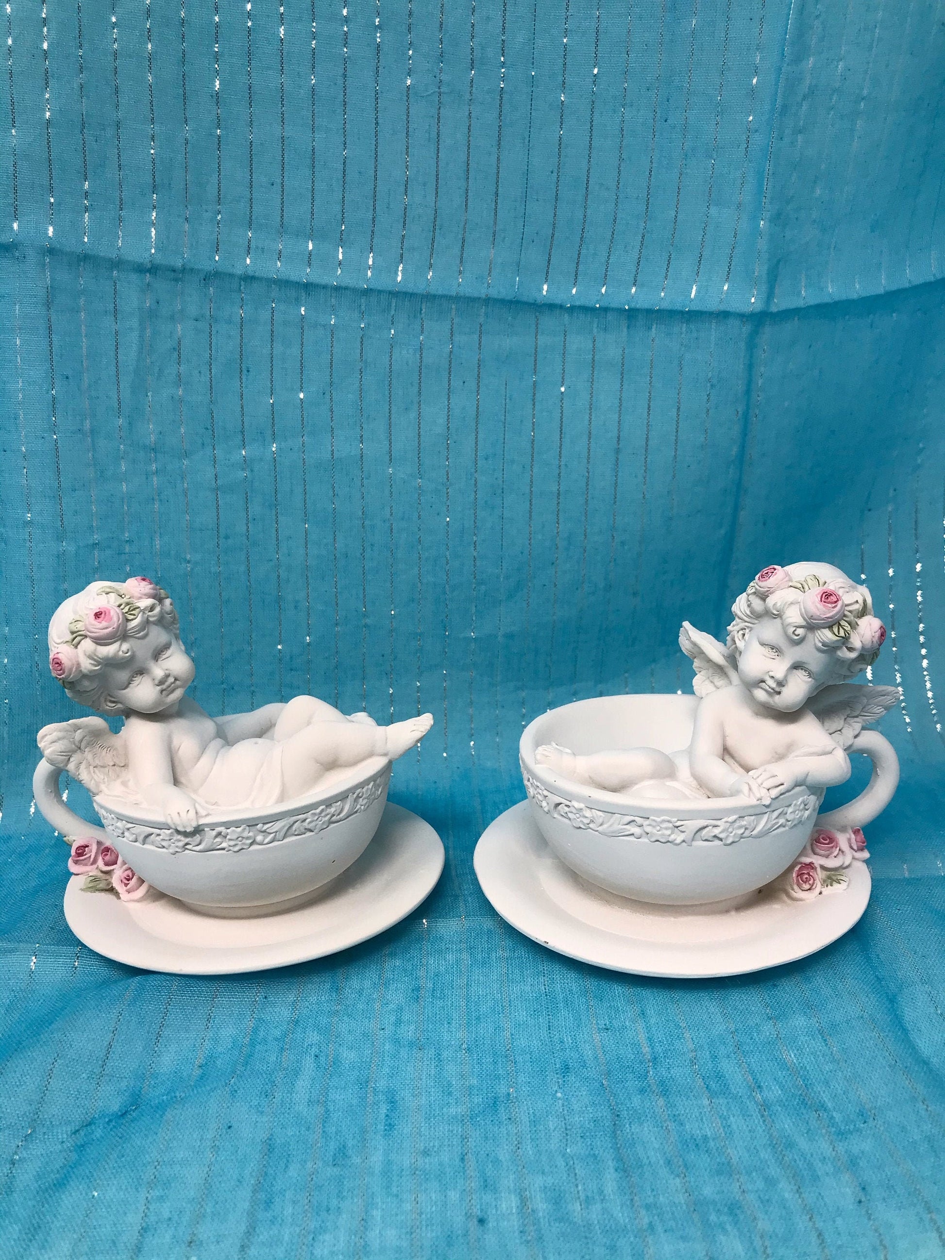 Pair of Guardian Angel Figurine Cherubs in Tea Cups Statue Ornament Sculpture-Osiris Craftworks