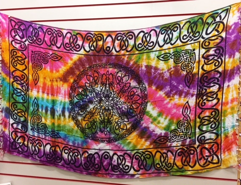 Psychedelic Tie-Dye Wall Tapestry Handmade Silky Rayon Fabric with Celtic Knot Design, Versatile Bohemian Decor, Unique Multicolor Scarf-Osiris Craftworks