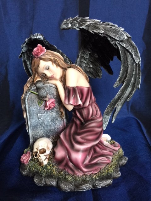 Gothic Angel Resin Statue, Dark Winged Mourning Angel with Roses, Elegantly Memorial Figurine, Poignant Angel Sculpture, Serene Gothic Decor-Osiris Craftworks