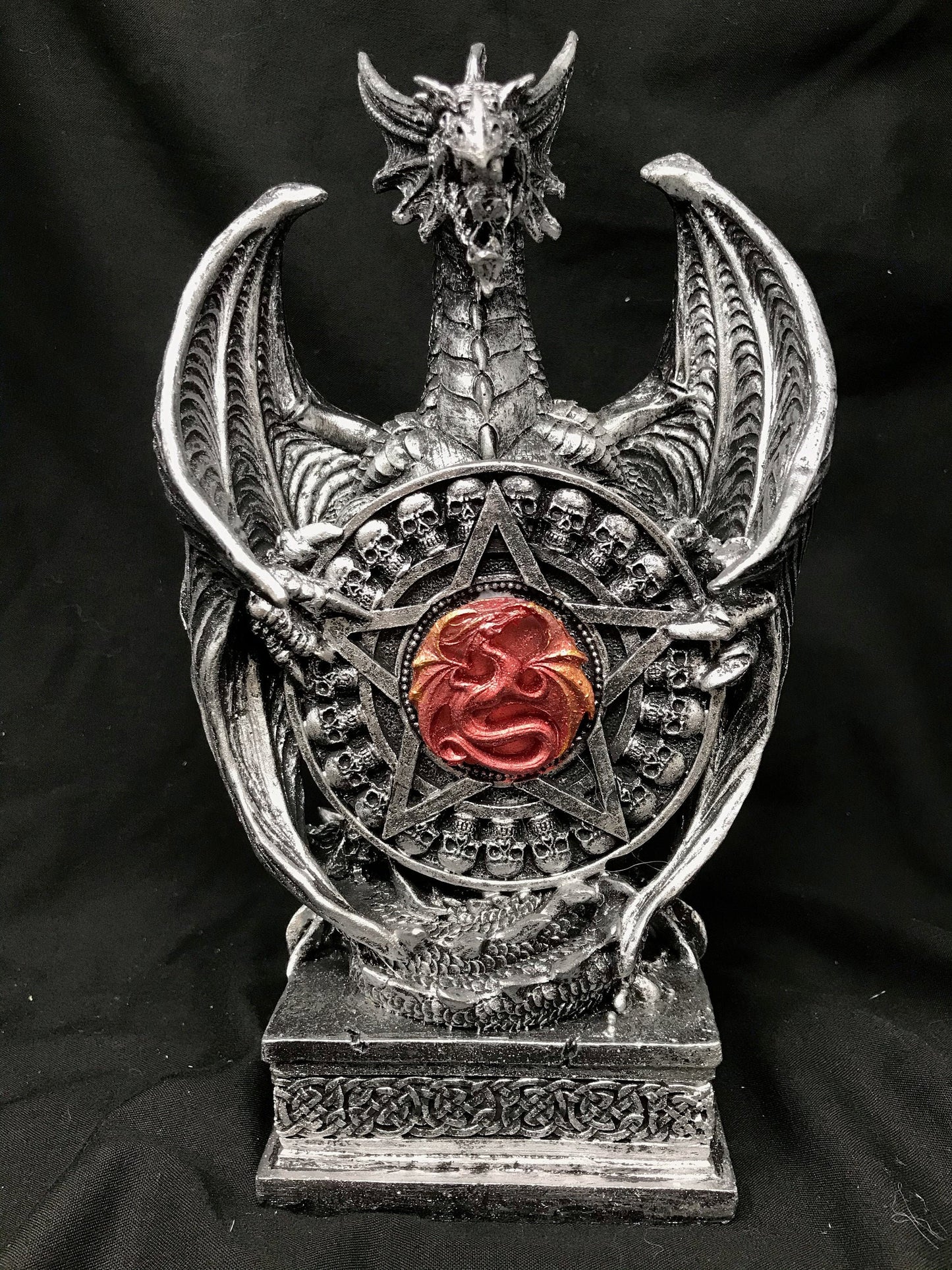 Novelty Silver Dragon Defender Holding Shield Led Light Figurine Fantasy Art Hand Made from Quality Designer Resin-Osiris Craftworks