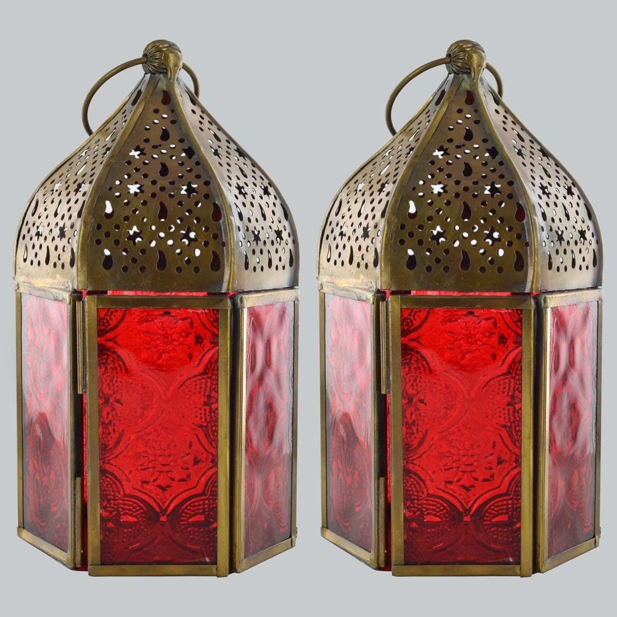 Set of Two Handcrafted Moroccan-Style Brass Tea Light Candle Holders - Exotic Glass Lantern Ornaments with Intricate Metalwork