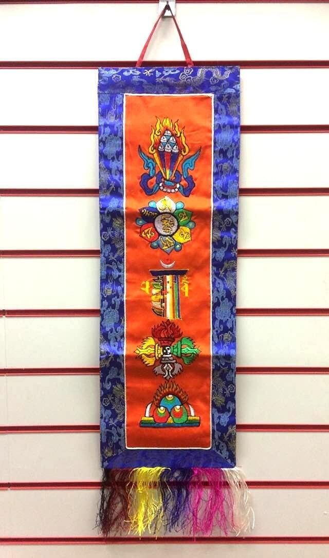 Tibetan Vertical Banner, Buddhist Mantra Embroidery, Spiritual Wall Hanging, Authentic Meditation Art, Handmade Tibetan Decor, 80x23cm-Osiris Craftworks