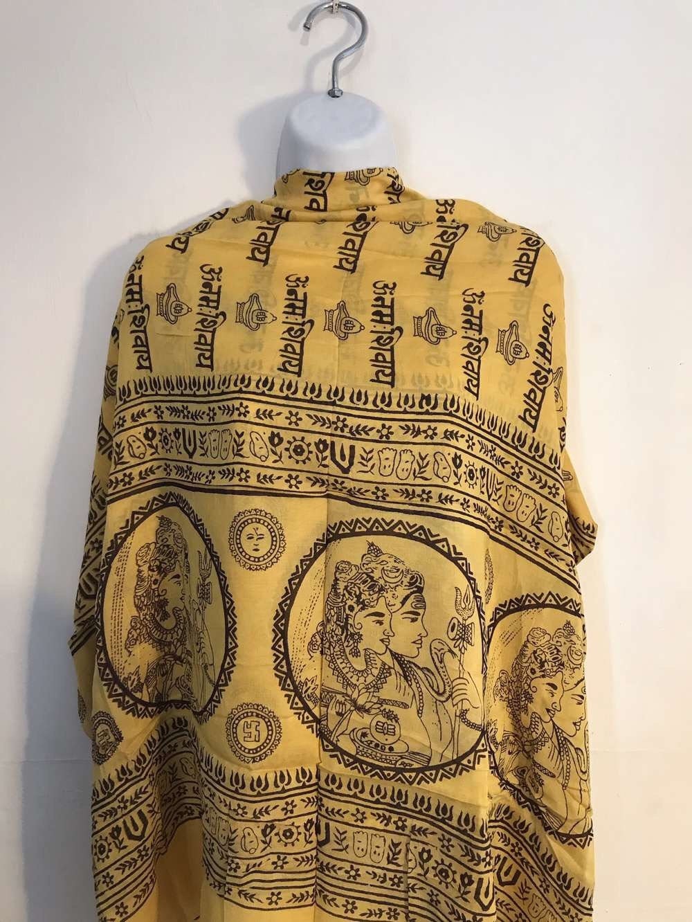 Spiritual Hindu Iconography Rayon Scarf – Vibrant Yellow Shawl with Sacred Symbols, Ethereal Accessory (120x80 cm)-Osiris Craftworks