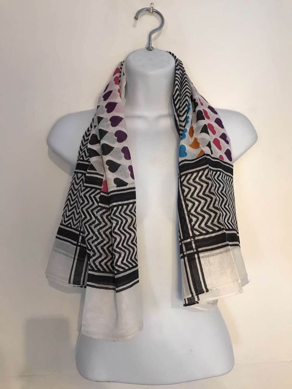 Chic Multicolored Heart Pattern Scarf | Fashionable Rayon Wrap with Geometric Accents | Vibrant Accessory for Every Occasion