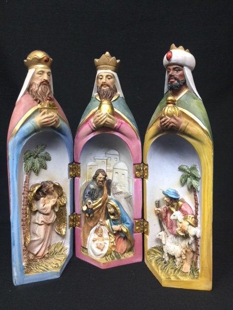 Figurine triptyque de la Nativité fabriquée à la main - Scène majestueuse des Trois Rois et de la Sainte Famille, décoration de Noël spirituelle, statue religieuse en résine