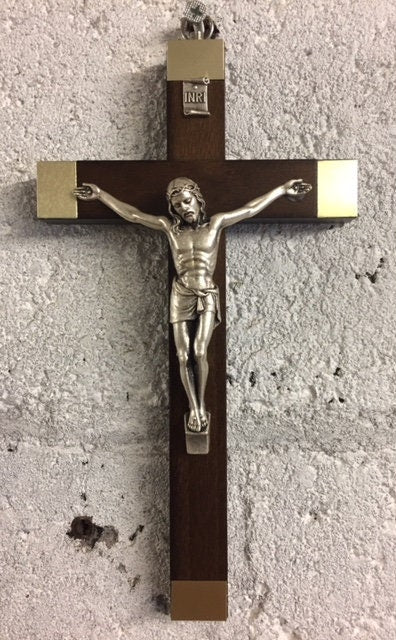 Walnut Wood Crucifix Cross Wall Hanging Silver Jesus Religious Gift-Osiris Craftworks