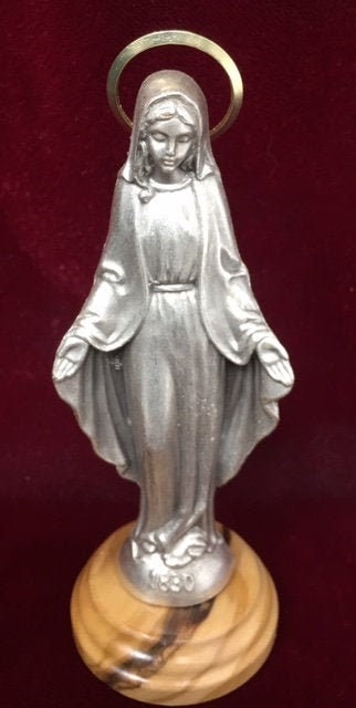 Virgin Mary Our Lady of the Miraculous Statue, Olive Wood and Metal Spiritual Decor, Handmade Blessed Mother Figure, Christian Gift 11.5cm-Osiris Craftworks