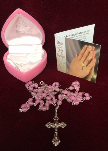 My 1st rosary Childs Girl Pink Glass Rosary Beads Communion Gift