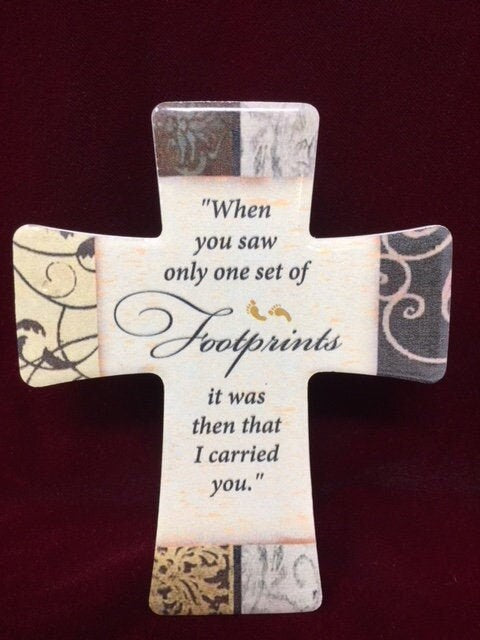 FOOTPRINTS Glazed Porcelain Cross | Religious Free Standing Decor | Spiritual Keepsake | Gift of Faith | 14.5x12 cm-Osiris Craftworks