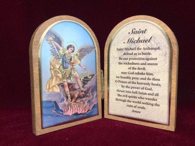 Saint Michael Diptych Wood Plaque with Gold Foil, Spiritual Warfare Prayer Art, Religious Home Blessing Decor, Protector Archangel Icon-Osiris Craftworks