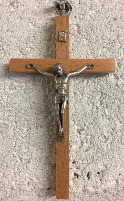 Wall-Mounted Crucifix | Beachwood and Silver Metal | Spiritual Christian Home Decor | Religious Symbol | Traditional Church Art