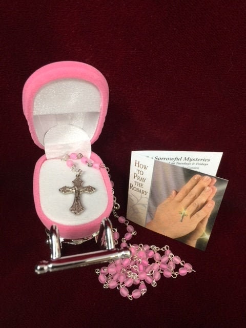 Christening Baptism Baby Rosary Pink Pram Shape Pink Girl Rosary Beads