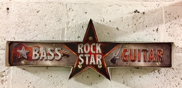 Rock Star LED Metal Wall Sign – Bass & Guitar Music Decor - Rock Guitar Music Logo Sign Man Cave Wall Plaque-Osiris Craftworks