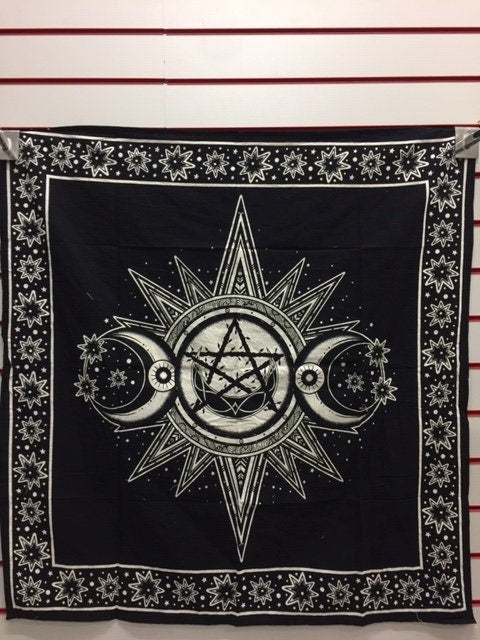 Enchanted Triple Moon Goddess Tarot Cloth - Celestial Pagan Altar Cover, Sacred Geometry Wall Tapestry, Handcrafted Black & White Cotton-Osiris Craftworks