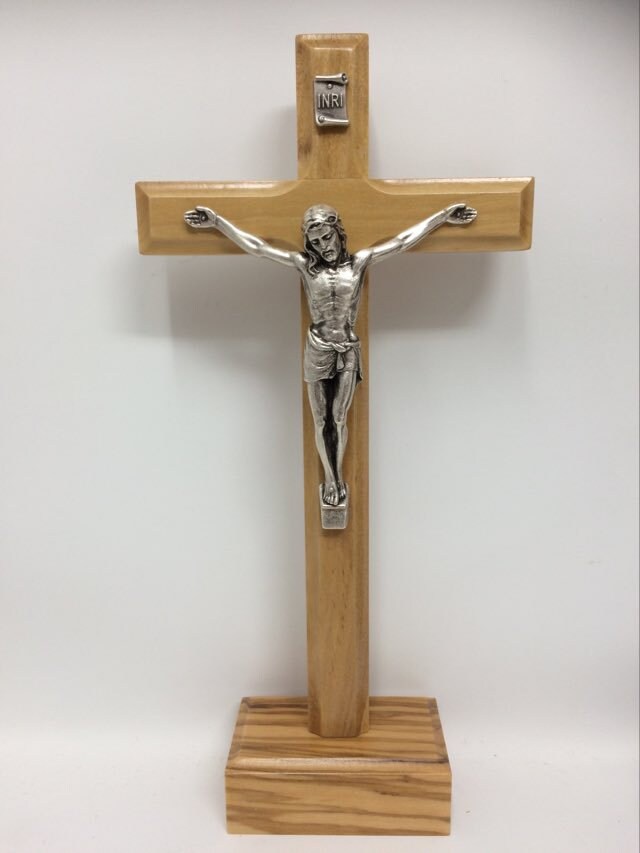 Freestanding Elegant Olive Wood Cross with Metal Corpus - Sacred Christian Crucifix 19 cm-Osiris Craftworks