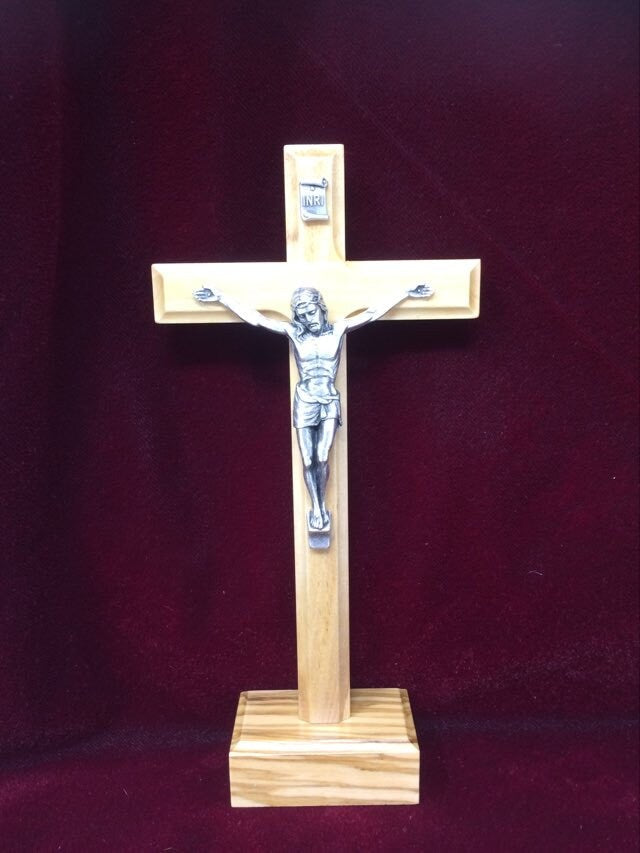 Freestanding Elegant Olive Wood Cross with Metal Corpus - Sacred Christian Crucifix 19 cm-Osiris Craftworks