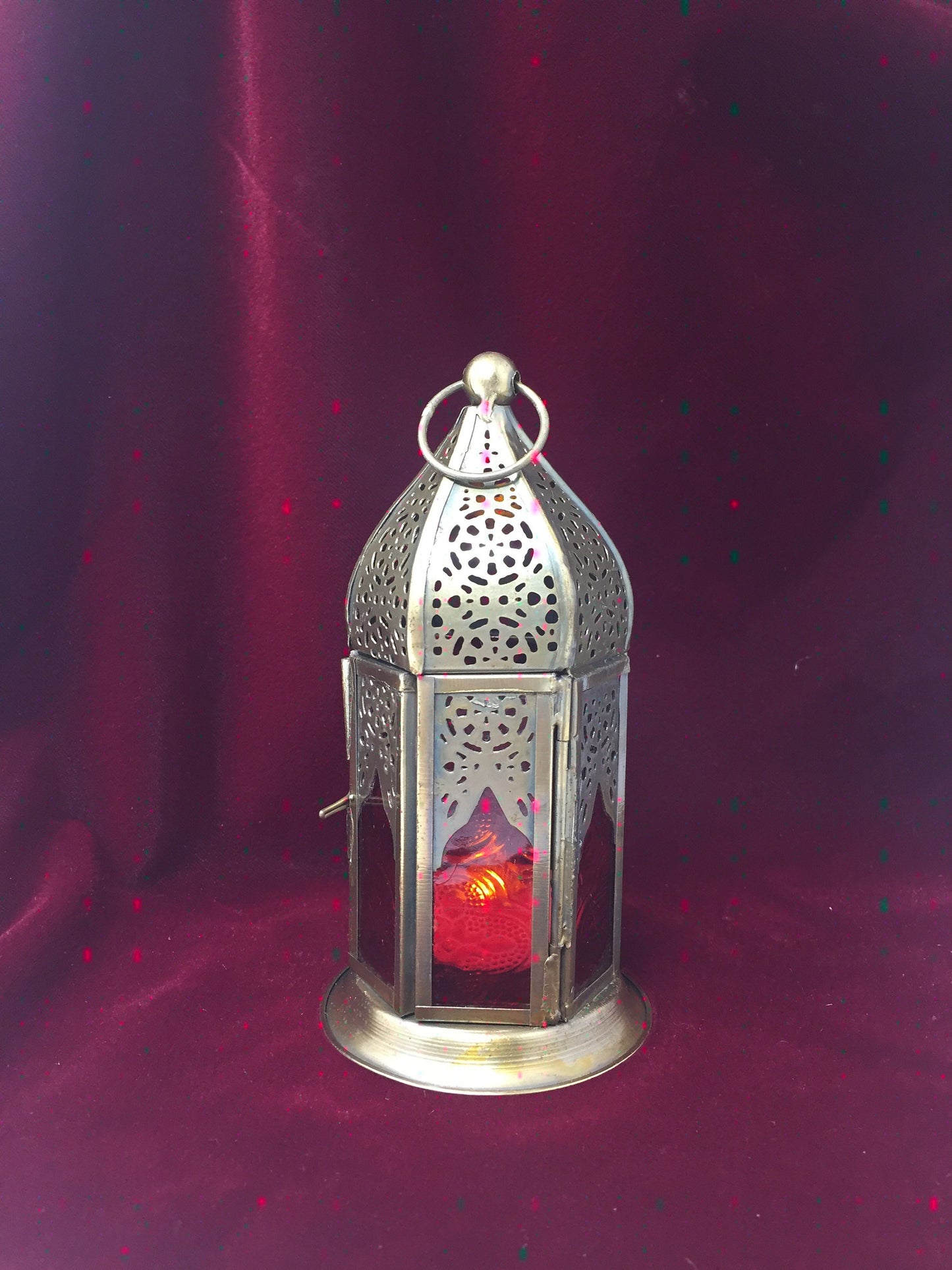 Moroccan Style Brass Lantern Antique Red Glass Tea Light Candle Holder Home Decoration