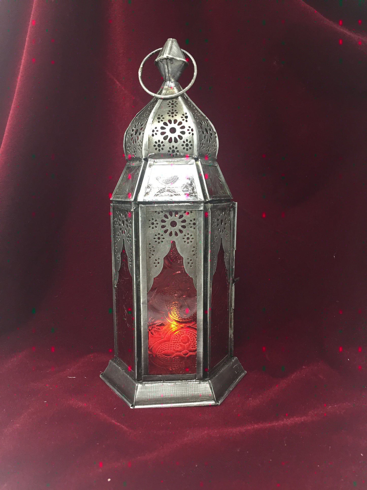 Lanterne de style marocain en zinc et verre rouge antique, bougeoir pour bougie chauffe-plat, décoration de la maison