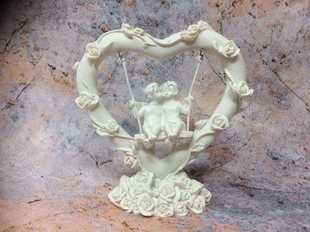 Pretty Pair of Angel Cherubs Sitting On Swing inside Rose Covered Heart Ornament-Osiris Craftworks