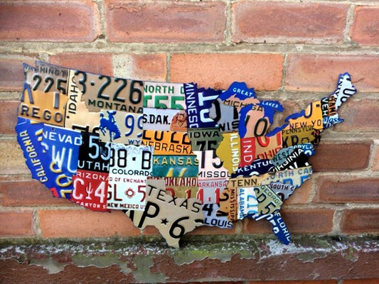 Rustic USA License Plate Wall Art, Unique Metal State Map, Vintage Americana Decor, Patriotic Man Cave Sign, Road Trip Enthusiast Gift-Osiris Craftworks