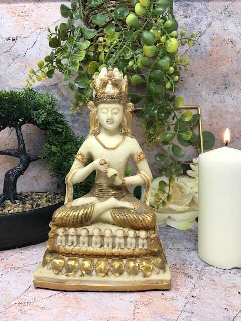 Goldene meditierende Buddha-Statue, Feng Shui, Antik-Effekt, Dekoration, Lotus-Statue, Figur