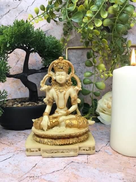 Goldene meditierende Buddha-Statue, Feng Shui, Antik-Effekt, Lotus-Statue