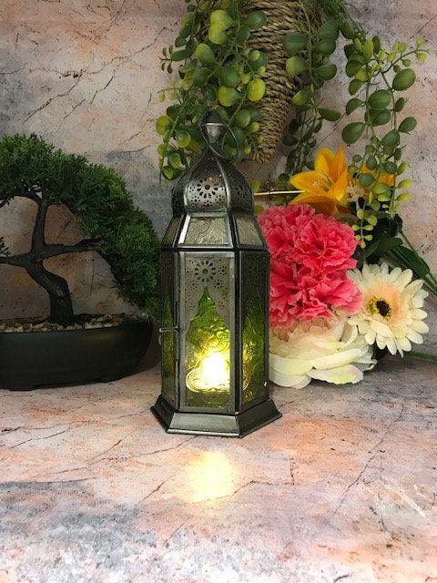 Rustic Moroccan Lantern for Patio and Home Decor with Antique Yellow Glass Tea Light Candle Holder