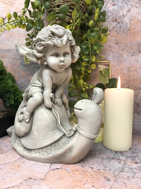 Cherub on Snail Garden Statue, Whimsical Resin Angel Sculpture, Durable Indoor/Outdoor Decor, Charming Graveside Memorial Figurine-Osiris Craftworks