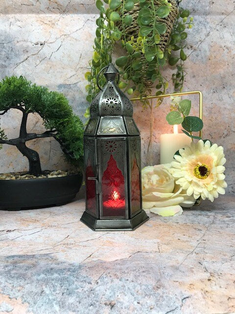 Moroccan Style Lantern Zinc Antique Red Glass Tea Light Candle Holder Home Decoration