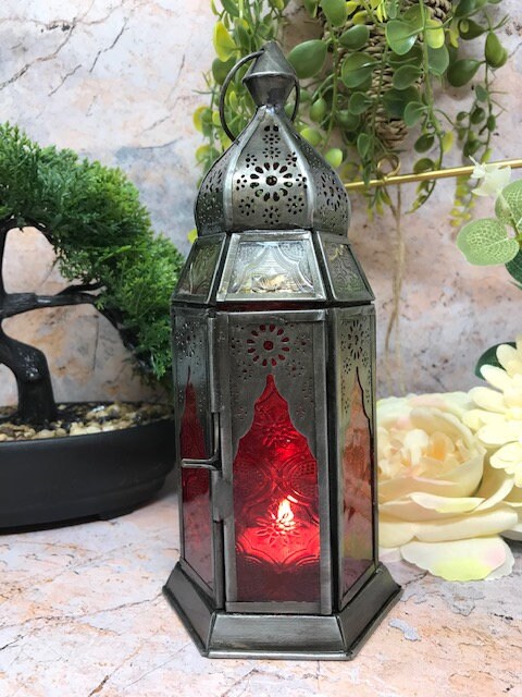 Lanterne de style marocain en zinc et verre rouge antique, bougeoir pour bougie chauffe-plat, décoration de la maison