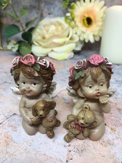 Pair of Guardian Angel Figurine Cherub Holding Teddy Statue Ornament Sculpture-Osiris Craftworks