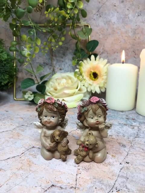 Pair of Guardian Angel Figurine Cherub Holding Teddy Statue Ornament Sculpture-Osiris Craftworks