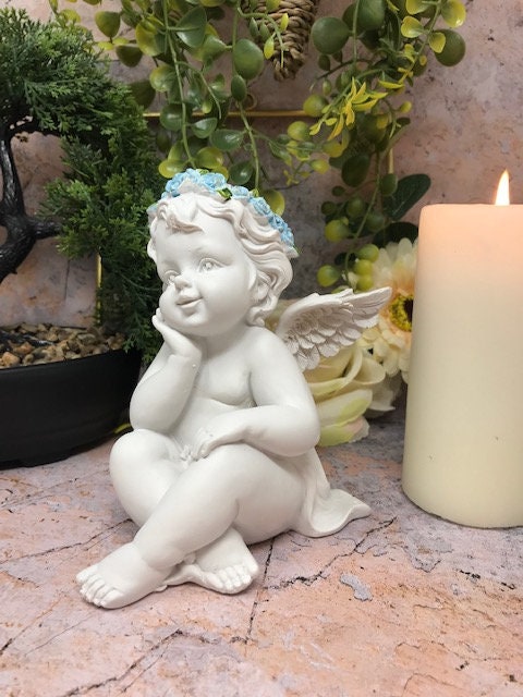 Charming Guardian Angel Cherub Figurine, Thoughtful Statue, Peaceful Angelic Ornament, Inspirational Sculpture, Delicate Home Decor Accent-Osiris Craftworks