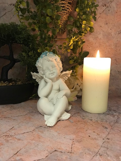 Charming Guardian Angel Cherub Figurine, Thoughtful Statue, Peaceful Angelic Ornament, Inspirational Sculpture, Delicate Home Decor Accent-Osiris Craftworks