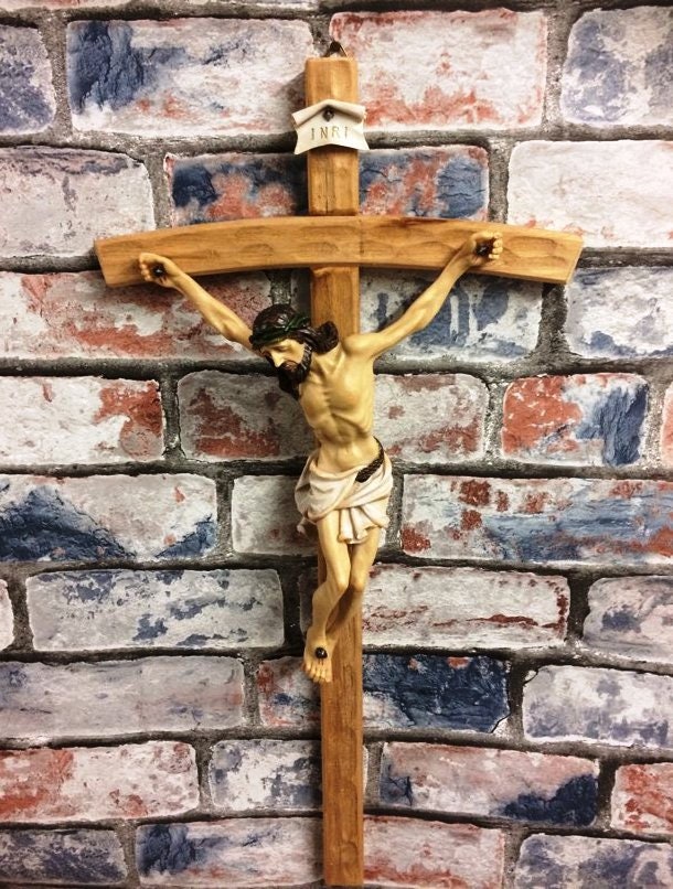 Large Traditional Wooden Crucifix with Resin Corpus, Religious Wall Hanging, Christian Cross Decor, Spiritual Artwork, Church Ornament-Osiris Craftworks