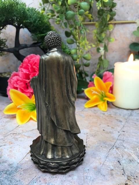 Bronze-Effect Resin Buddha with Lotus | Feng Shui Decor | Meditation Zen Statue | Serene Home Ornament, 14cm