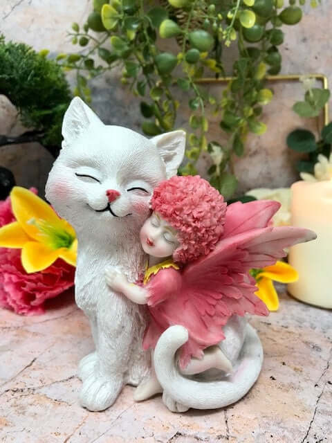 Cherished Companions Fairy and Cat Figurine, Tender Embrace Fantasy Sculpture, Whimsical Fairy with Feline Friend, Heartwarming Animal Decor-Osiris Craftworks