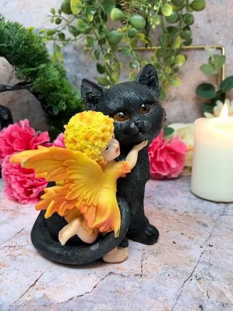 Enchanted Friendship Figurine – Handcrafted Resin Fairy and Black Cat Statue, Charming Home Decor, Magical Companion Duo, Fantasy Gift-Osiris Craftworks