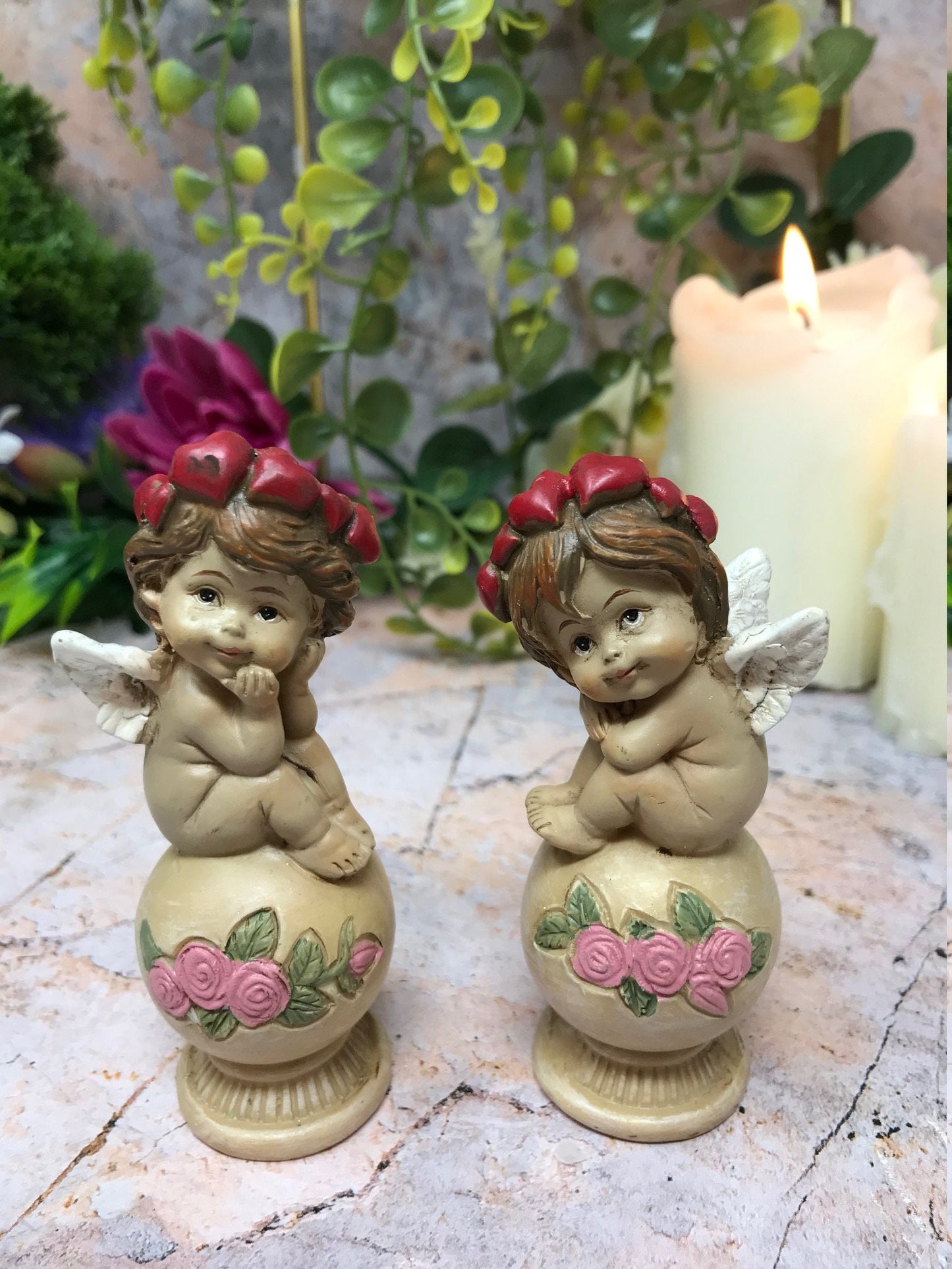 Cherub Twins Resin Figurines, Angelic Guardian Statues, Home Blessing Angel Ornaments, Floral Crown Cherubs, Spiritual Decor Gifts-Osiris Craftworks